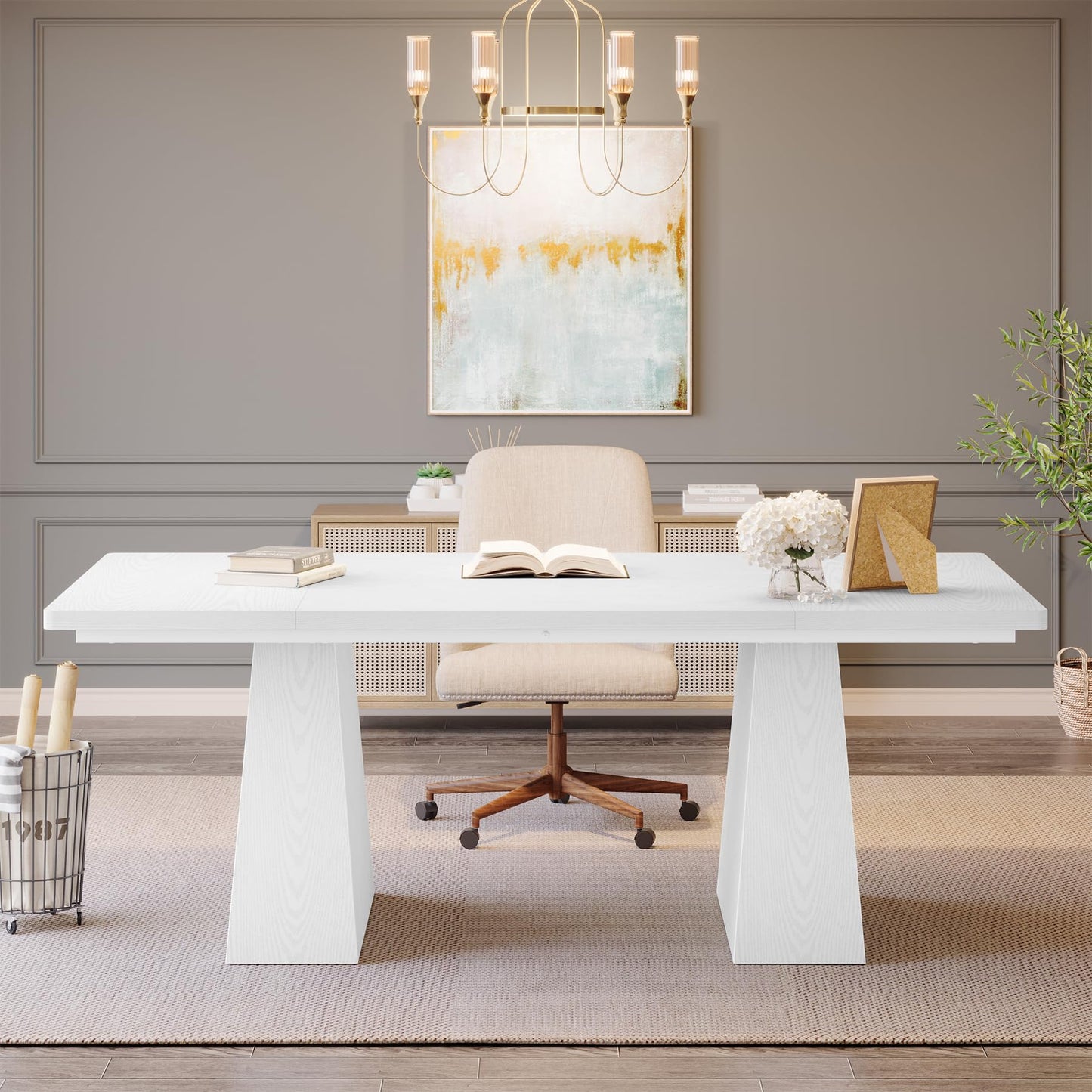 Tribesigns 63-Inch Executive Desk, Large Office Computer Desk with Double Pedestal, Modern Simple Workstations Writing Table Conference Table Business Furniture for Home Office, White