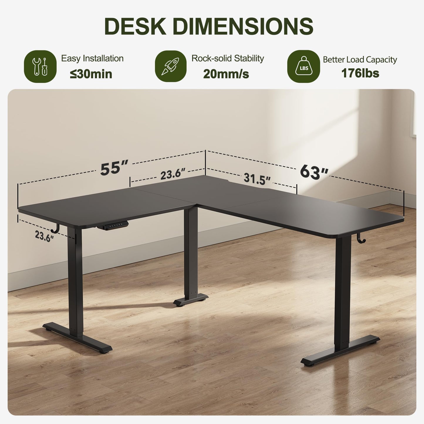BANTI L-Shaped Standing Desk - 63 x 55 Inch Adjustable Corner Standing Desk with Charging Station - L Shape Sit Stand Table with Memory Controller, Splice Board for Home Office, Black