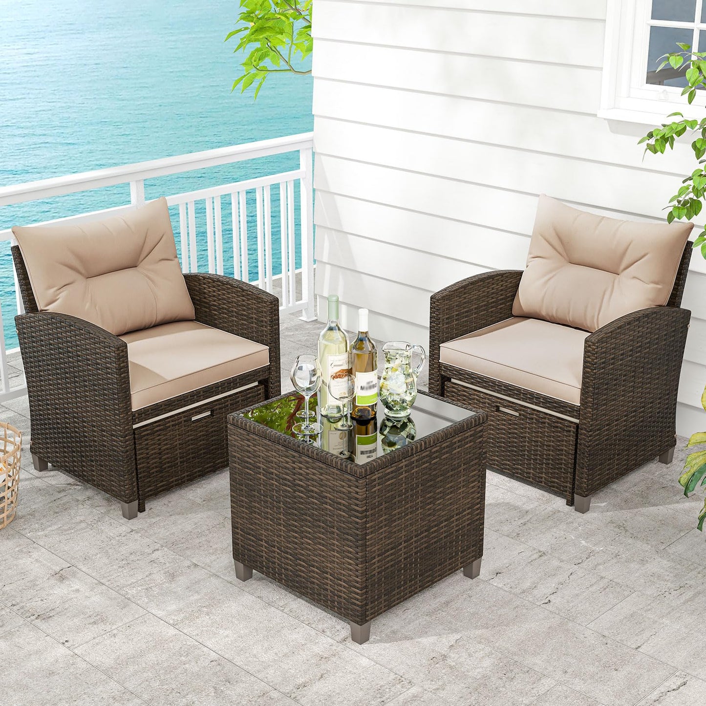 Tangkula 5 Pieces Patio Conversation Set, PE Wicker Rattan Outdoor Furniture Set with 2 Chairs, 2 Ottomans & Tempered Glass Coffee Table, Ideal for Poolside, Backyard, Lawn, Deck (Mix Brown & Beige)