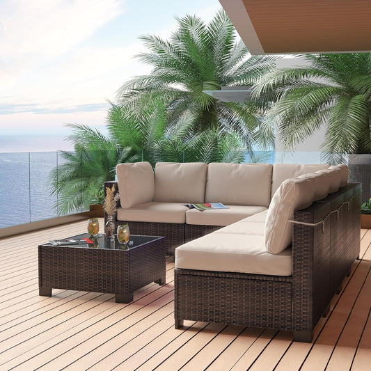 6 Piece Sectional Rattan Sofa with Glass Top Coffee Table, Patio Rattan Conversationr Sofa Set, All Weather Outdoor Patio Furniture Set and Chairs, Poolside, Garden, Porch