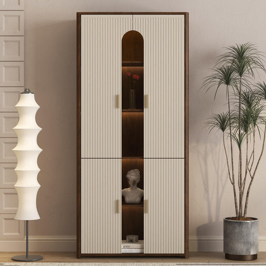 KEIKI 68.1" H Display Storage Cabinet with Doors & 256 Colors LED Lights, Wooden 5-Tier Curio China Collectibles Book Case Shelves Bookcase for Living Room, Home Office, Bedroom