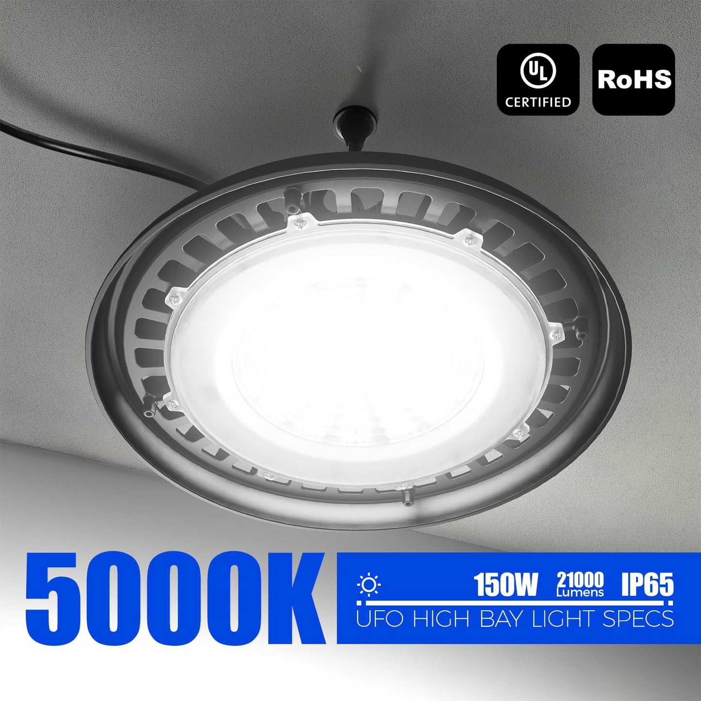 Barrina UFO LED High Bay Light 150W 21000LM IP65 Waterproof 5000K 2 Packs Daylight White Model BA-UFOD02-150W-6KV-50