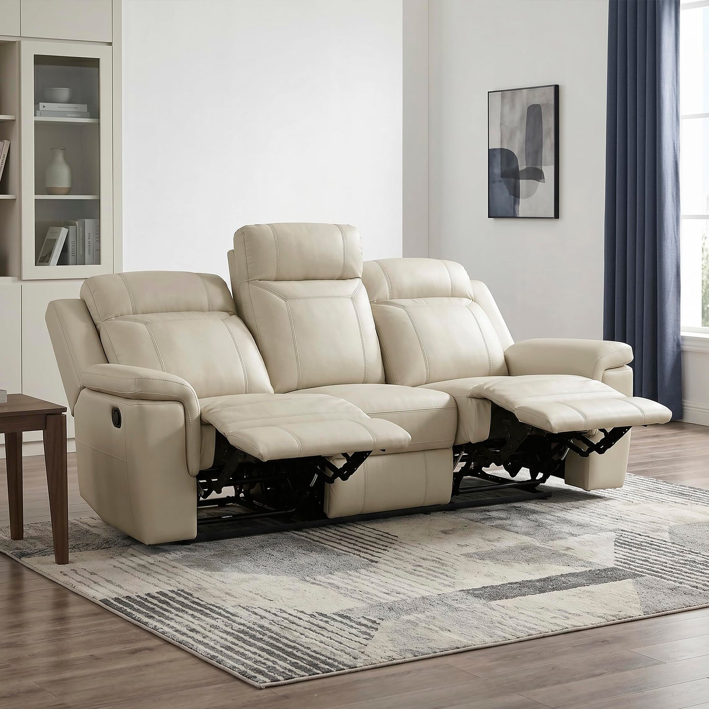 Lexicon Top Grain Leather Match Manual Reclining Sofa, Wall Hugger Reclining Sofa, Overstuffed Armrest, for Living Room/Theater Seating/Apartment, Easy Assembly, Beige