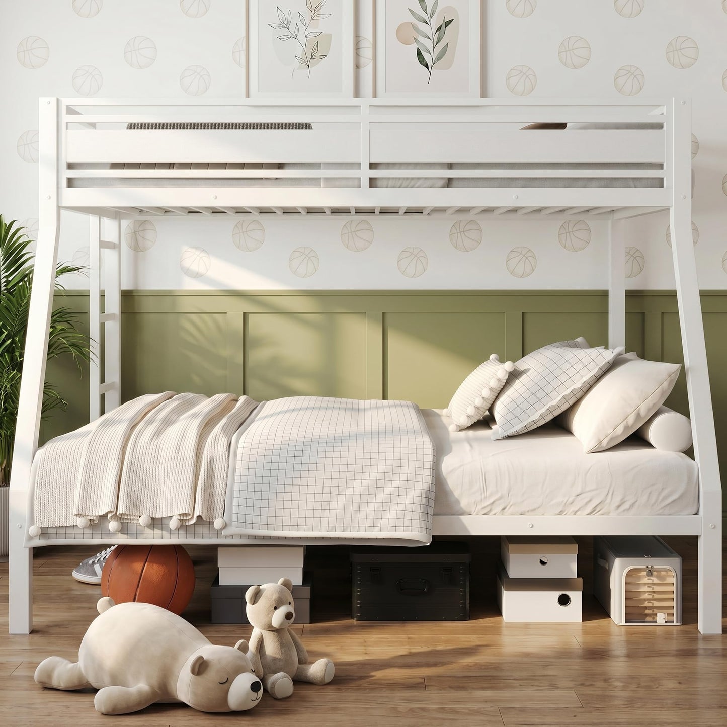 iPormis Heavy Duty Twin Over Full Bunk Beds, Metal Twin Bunk Bed Frame with 12.8" Guardrails, Loft Bed Frame for Kids and Teens, Reversible Ladder, Under Bed Storage Space, No Box Spring Needed, White