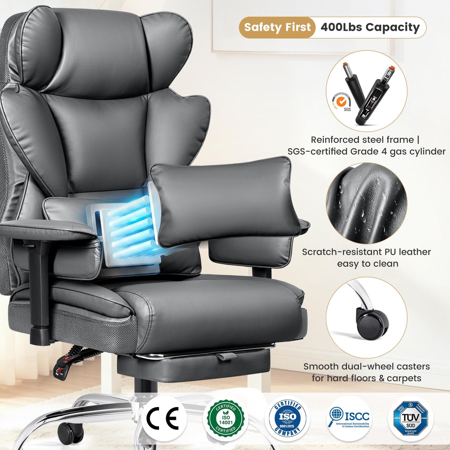 Stella Mia Big and Tall Office Chair, Heavy Duty Ergonomic Executive Computer Chair with Adjustable Arms and Wide Seat, PU Leather High Back for Heavy People, Gray 2 Pack