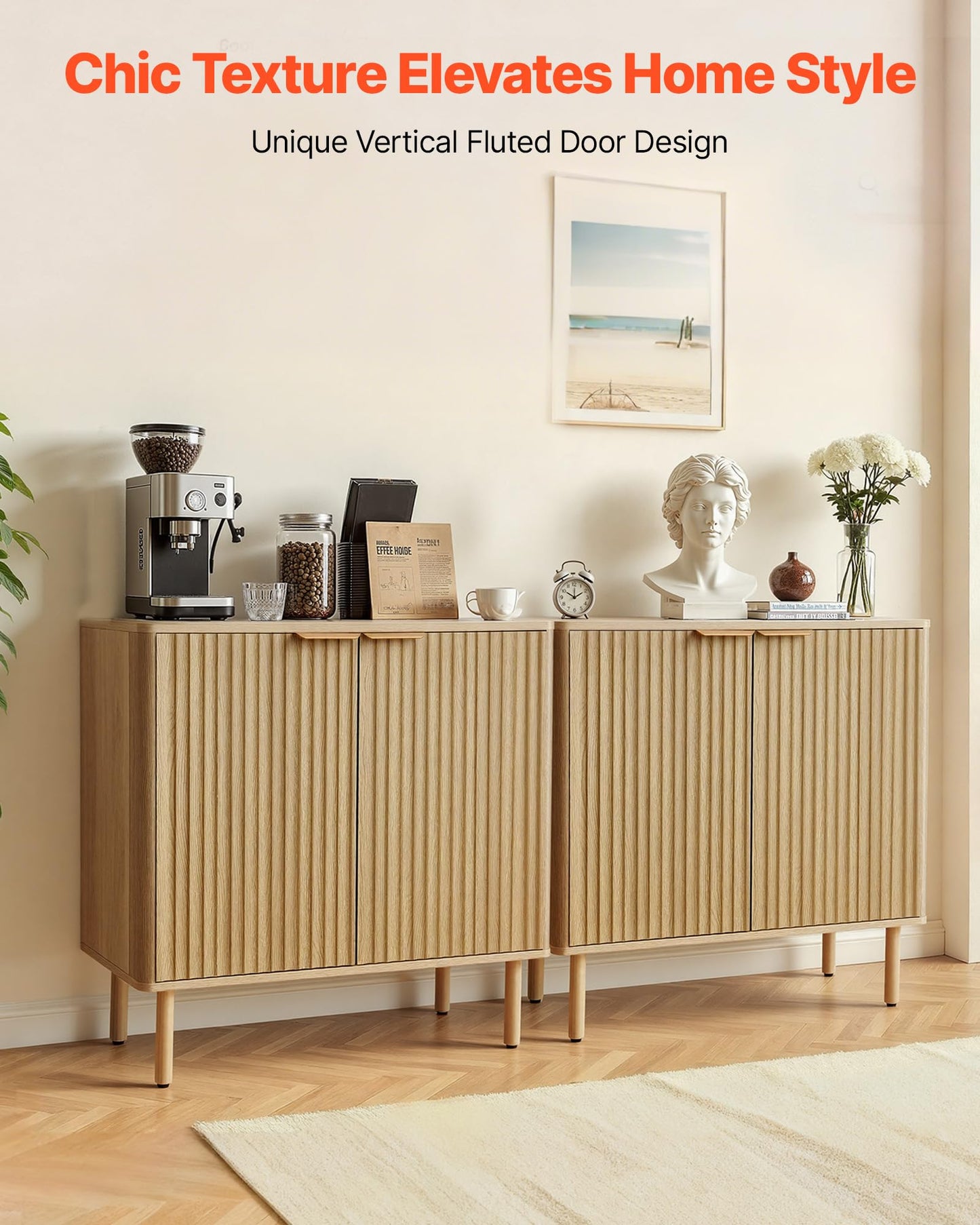 VEVOR Buffet Cabinet, Sideboard Cabinet with 2-Tier Storage, Coffee Bar Cabinet with Adjustable Shelves, Fluted Sideboard Buffet for Hallway, Entryway, Living Room, or Kitchen, Oak(2pcs)