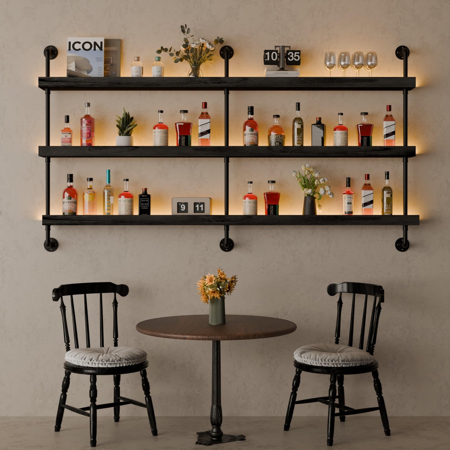 Anynice LED Bar Shelves, Wall Mounted Wine Rack, 3 Tier, 60" Black