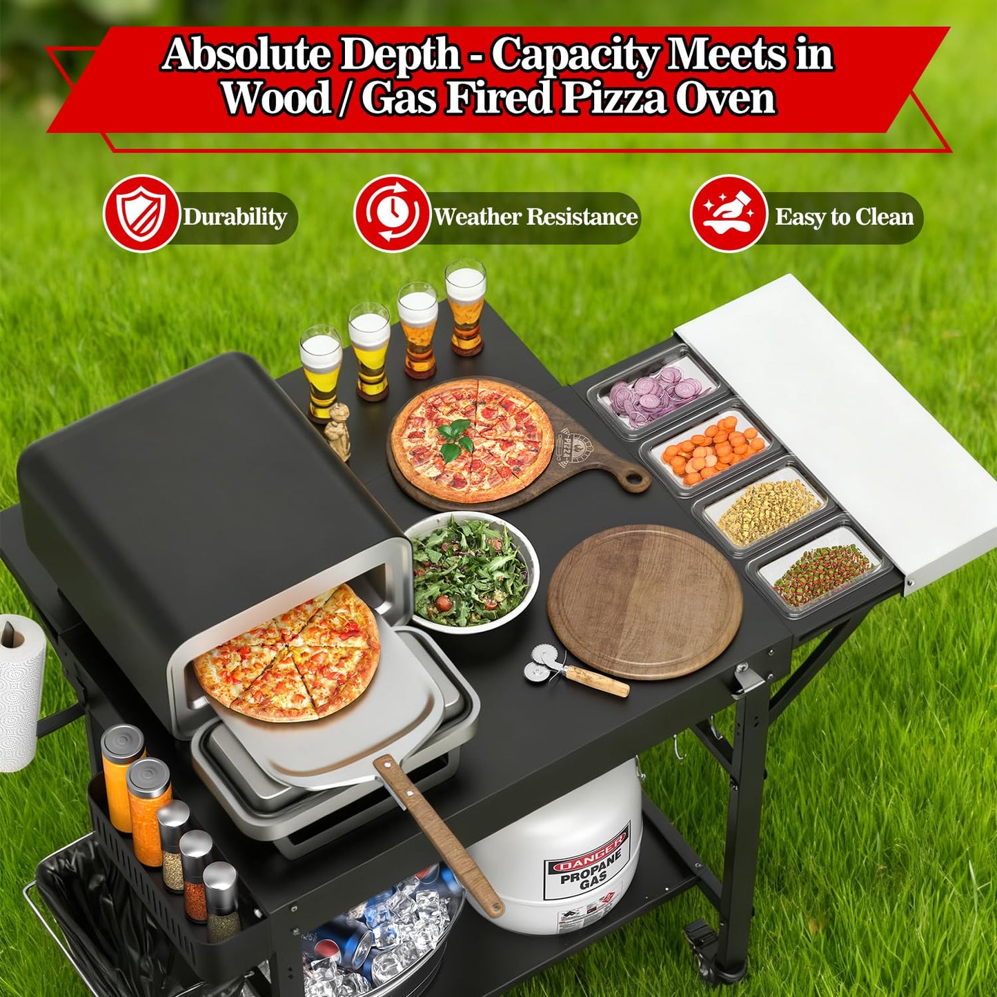 AOKEMAi Grill Table for Oon Pizza Oven Accessories, Ninja Pizza Oven Table with Extendable Desk - Fit Gozney, Solo Stove, Durable Outdoor Grill Cart Stand with Food Prep Topping Station for Backyard