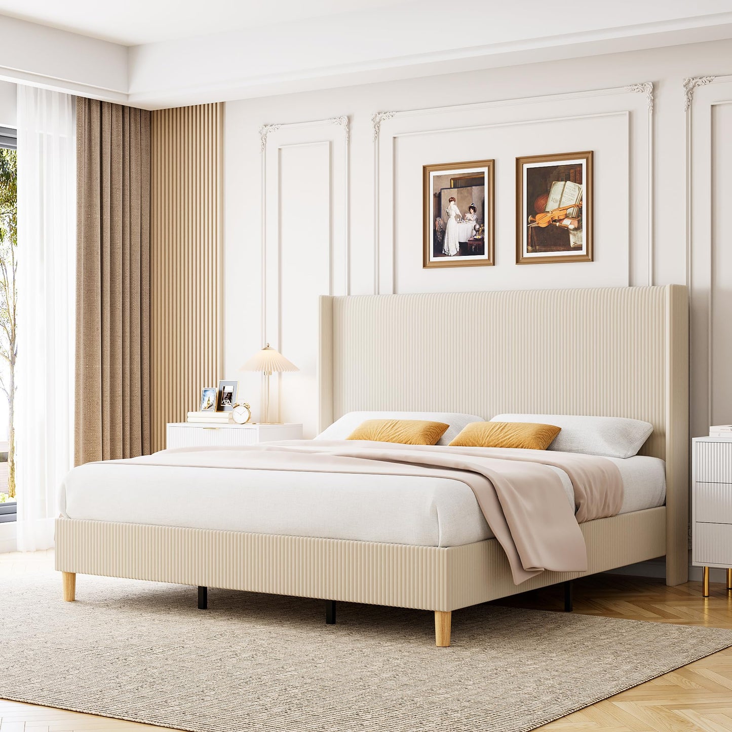IDEALHOUSE Queen Size Upholstered Bed Frame with Channel Tufted Wingback Headboard, Wooden Slat Support, Noise-Minimizing Design, No Box Spring Needed, Beige
