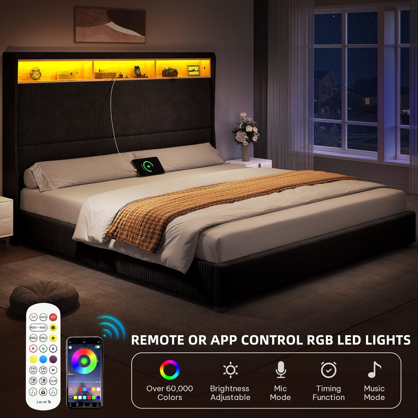 YITAHOME King Size Corduroy Upholstered Platform Bed Frame with Charging Station and RGB LED Lights, 53’’ Tall Storage Wingback Headboard, No Box Spring Needed, Easy Assembly, Noise-Free, Black