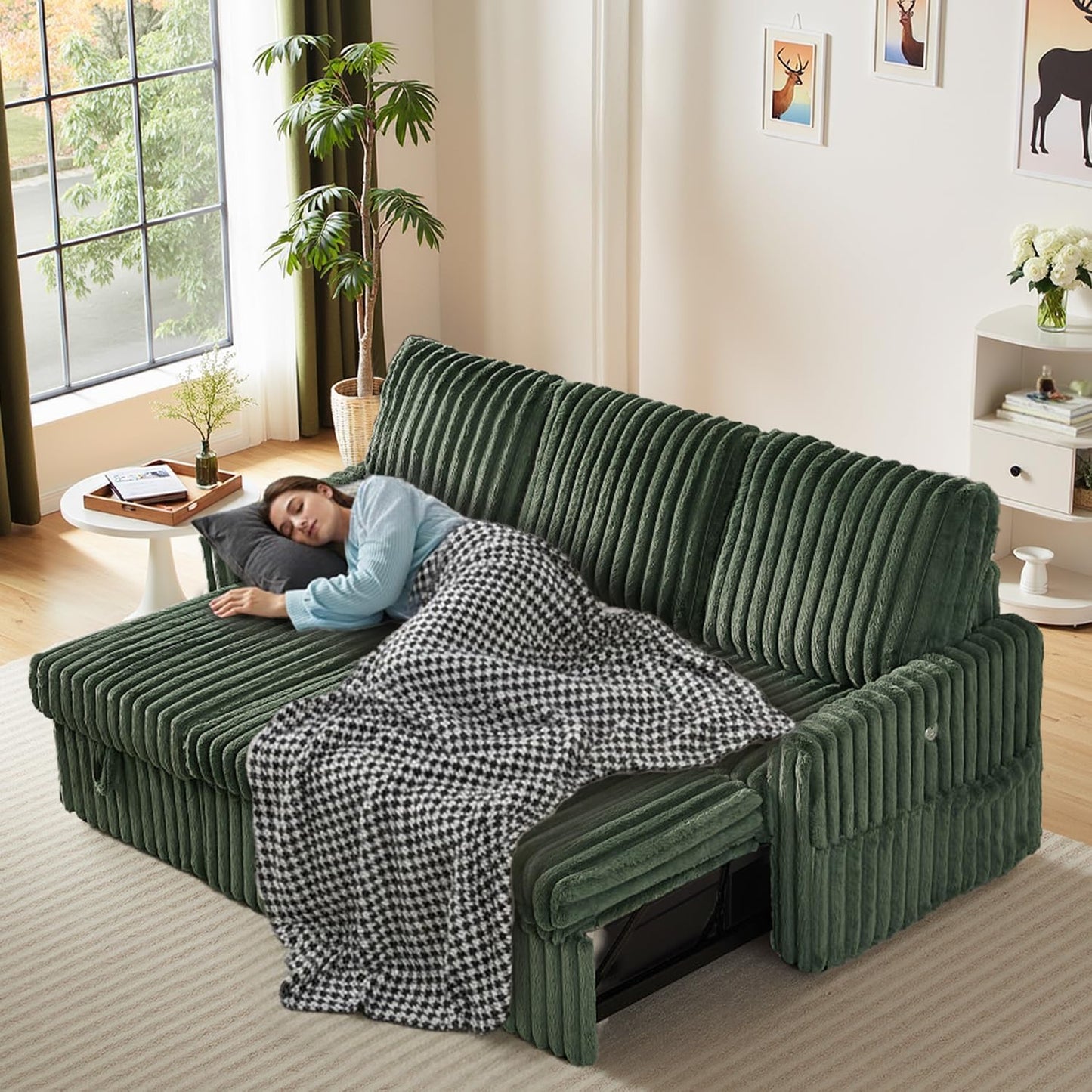 KCGKCG Sleeper Sofa Bed, 81” Pull Out Couch Bed with Reversible Storage Chaise, 3 in 1 L-Shaped Couch with Charging Station, Cup Holder, Side Pocket, Plush Corduroy Couches for Living Room(Green)