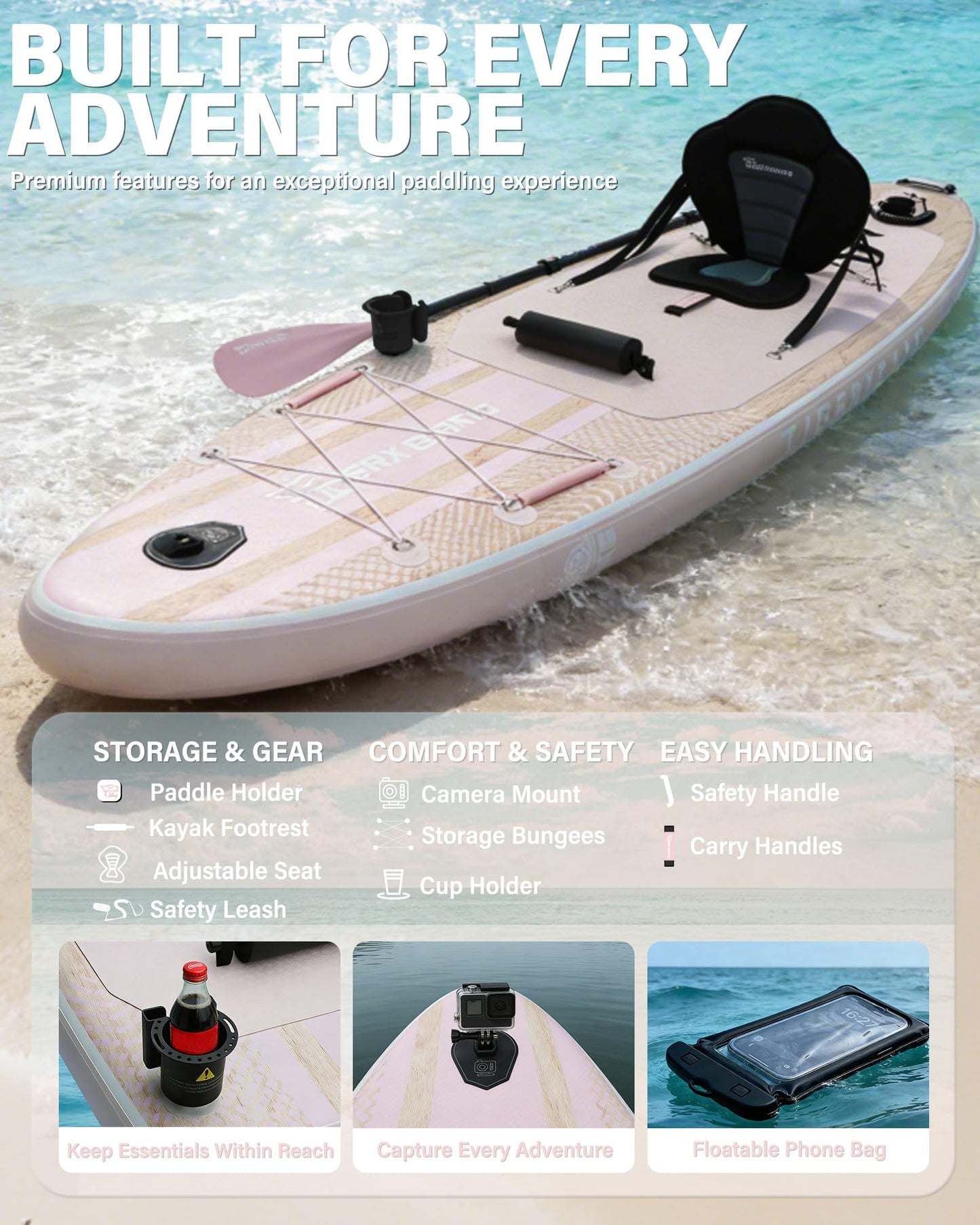 TIGERXBANG Inflatable Stand Up Paddle Board with SUP Board Accessories, Anti-Slip EVA Deck, 11' Paddleboard for Adults & Youth - All Skill Levels, Pink