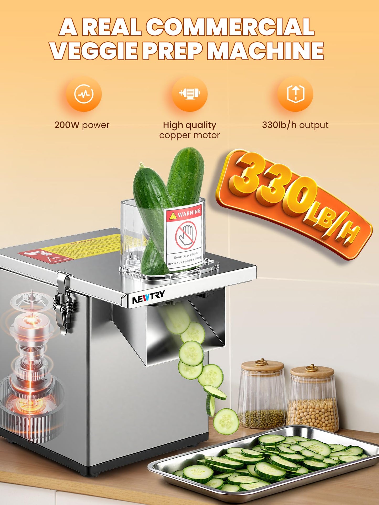 NEWTRY 200W Commercial 4 in 1 Vegetable Processor Electric Vegetable Fruit Dicer Automatic Slicer Shredder 330lb/h Stainless Steel Large Feed Chute for Whole Potato