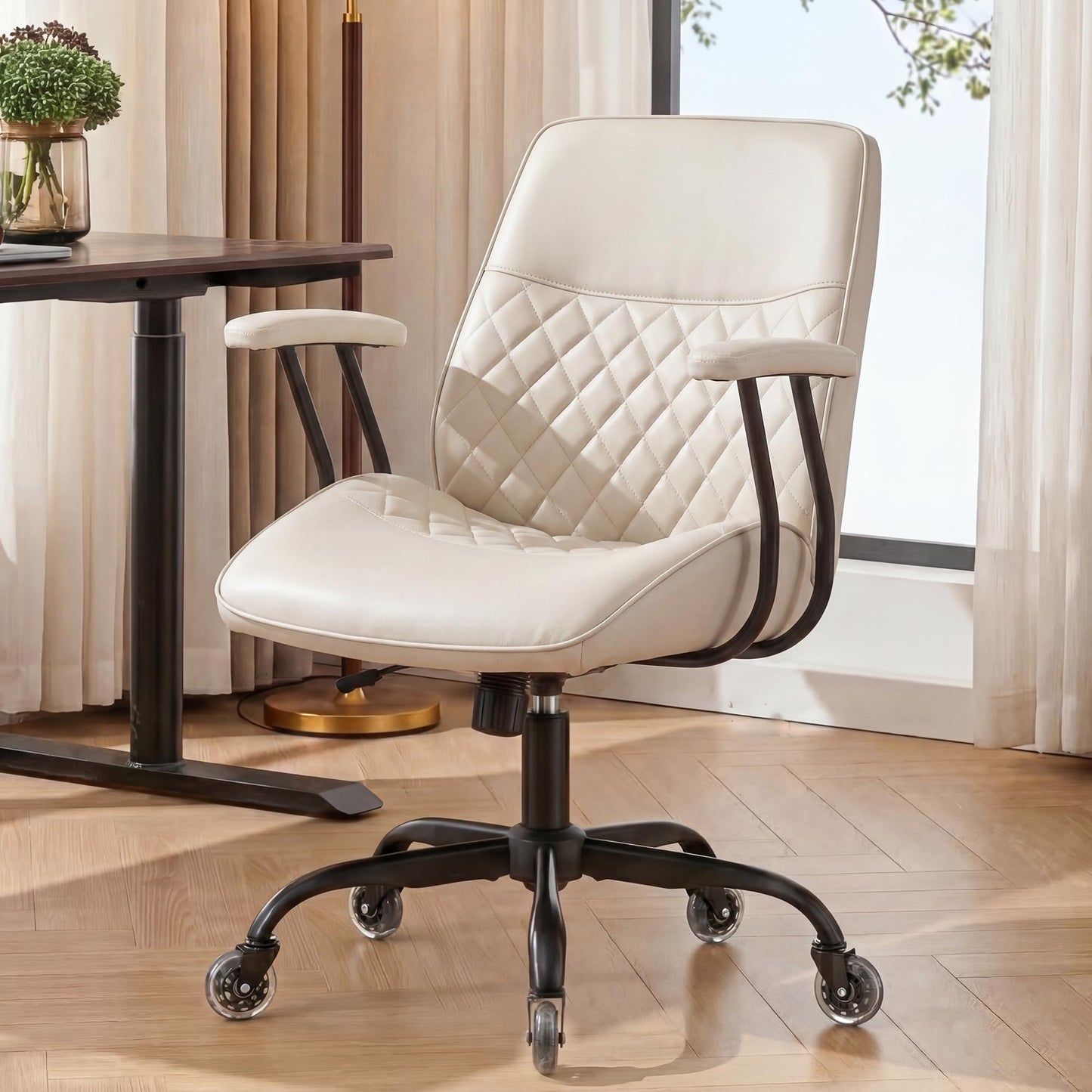 NEO Chair Ergonomic Leather Office Desk Chair with Fixed Armrests Mid Back Lumbar Support Swivel Executive Computer Chair with Wheels Comfy Home Office Chair for Adults (Ivory)