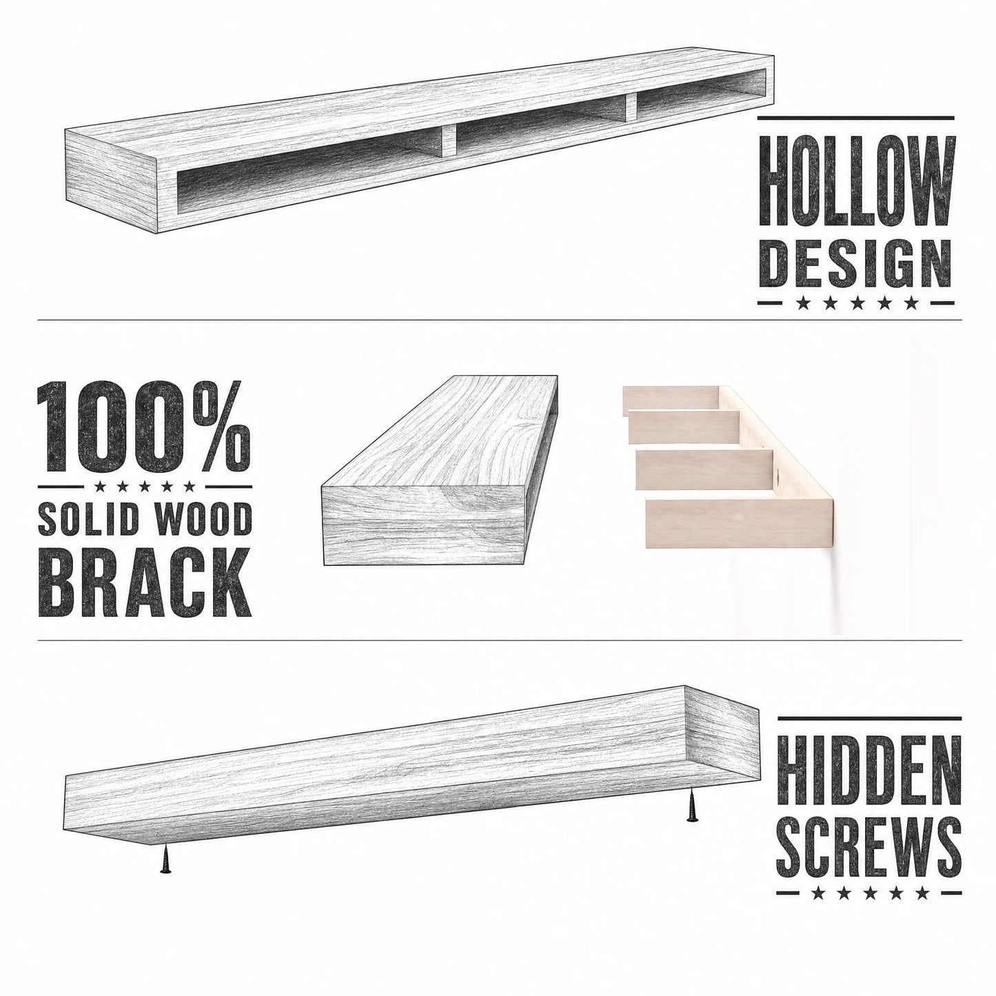 SAUMONIERES Fireplace Mantel Shelves 72 Inch Solid Wood Wall Mounted Long Floating Shelf Hollow, Brown