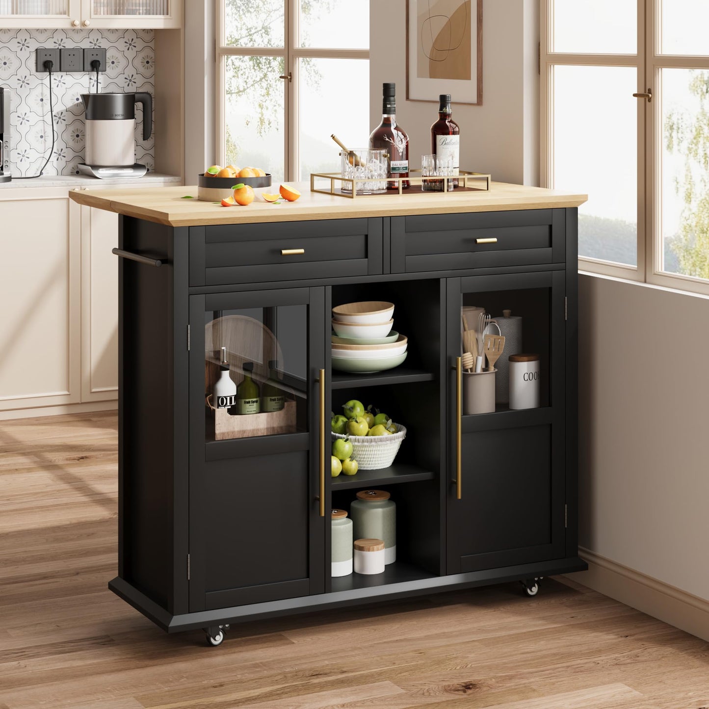 IDEALHOUSE Mobile Kitchen Island Cart with Storage & Drop Leaf - Rolling Kitchen Cabinet with Drawer, Shelf & Spice Rack for Dining Room (Black & Natural)