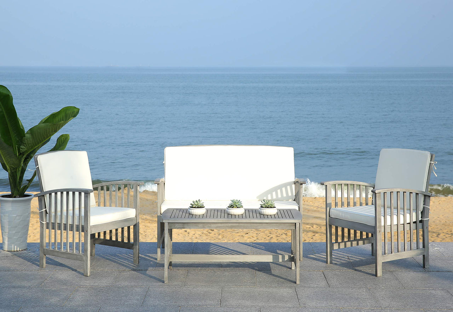 SAFAVIEH Outdoor Collection Rocklin Grey Wash/ Beige 4-Piece Conversation Patio Set with Cushions