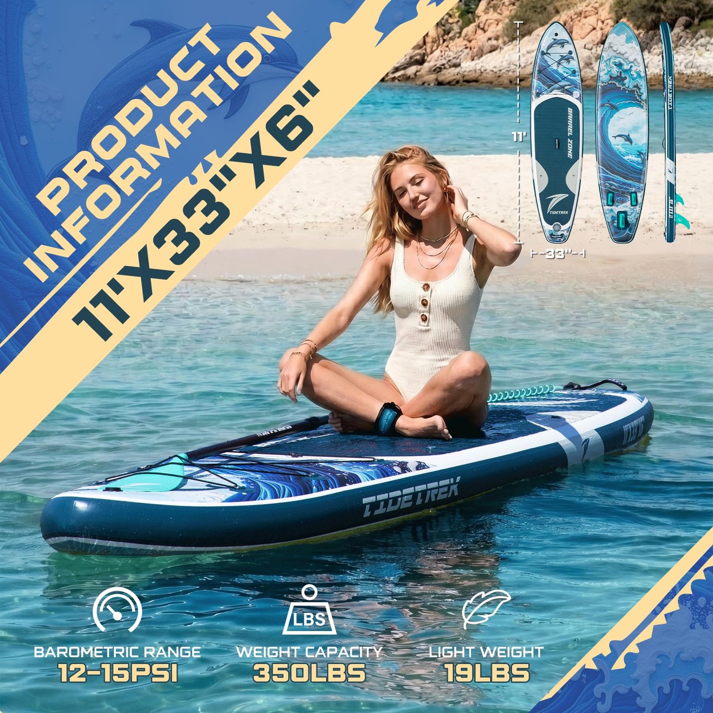 TIDETREK 11'/11'6" x 33"/34" x 6" Inflatable SUP Paddle Board – Extra-Wide, Stable Stand Up Paddle Board with Premium Full Accessory Set for Adults & Youth (Ocean Spirit/Kayak Seat, 11'x33 x6)