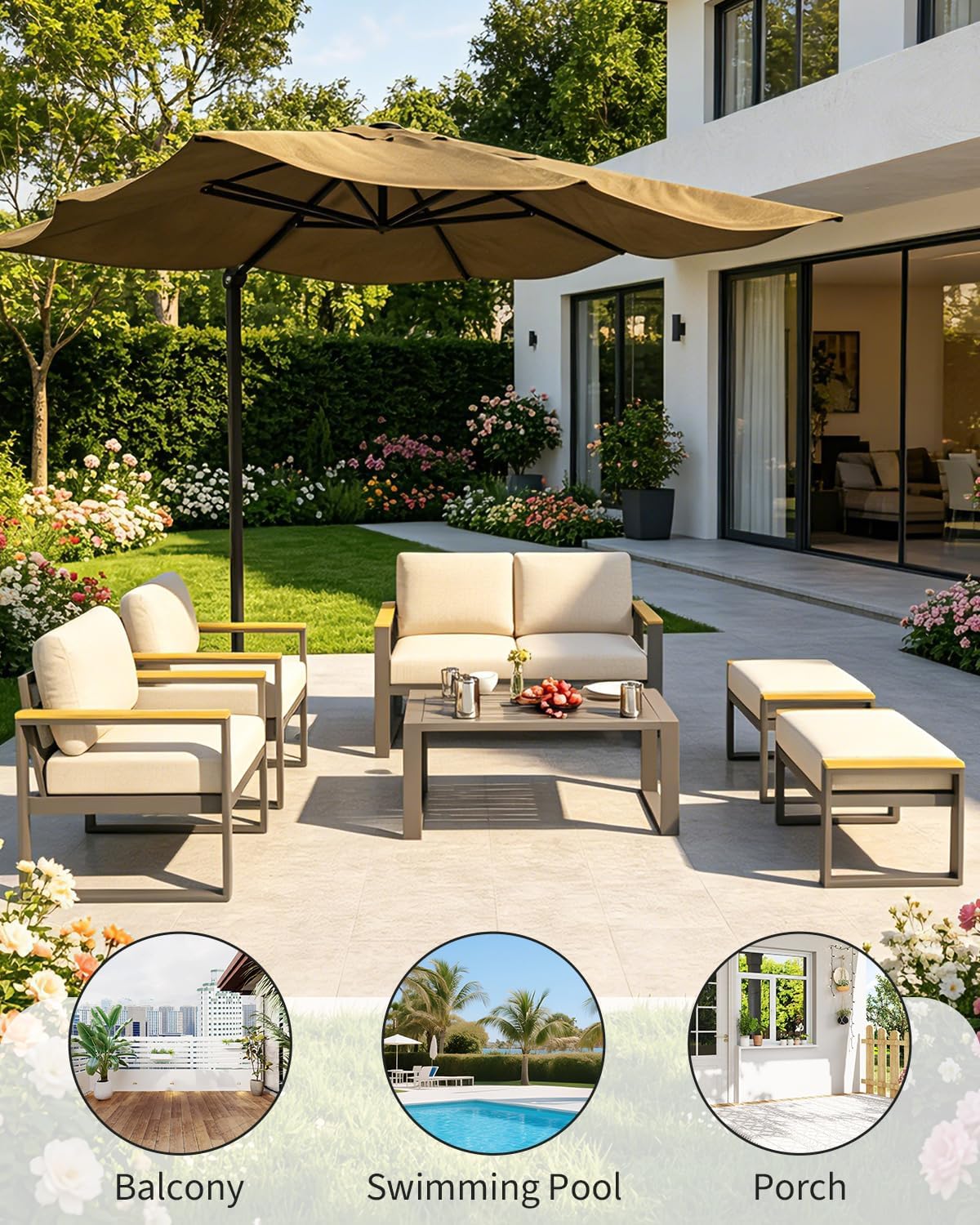 Aluminum Outdoor Patio Furniture - 1 Pcs Loveseat and Coffee Table, All-Weather Metal Modern Outside Furniture with Washable Thick Cushion for Balcony, Garden, Deck, Backyard, Beige