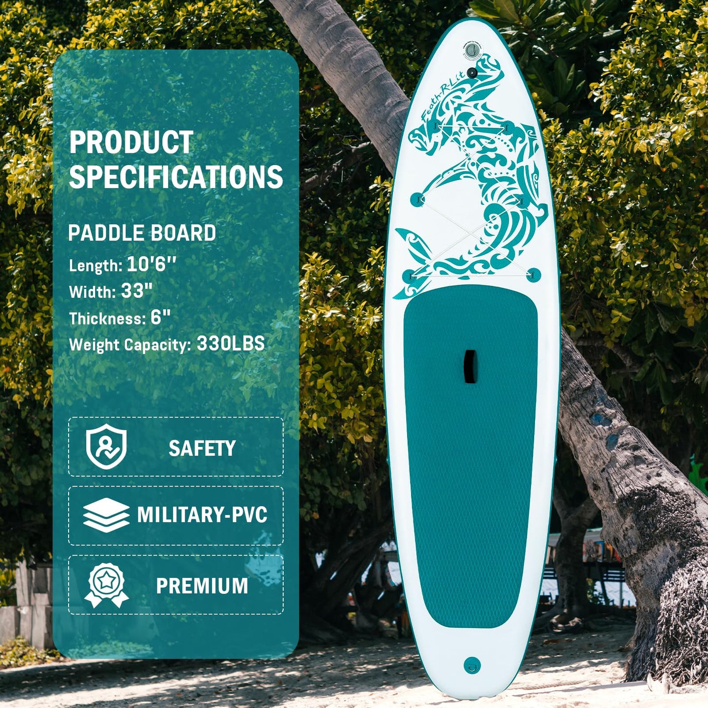 FEATH-R-LITE Inflatable Paddle Board Stand Up Paddleboards for Adults SUP with Premium Accessories Pump, Adjustable Paddle, Leash, Three Fins, Backpack (Green)
