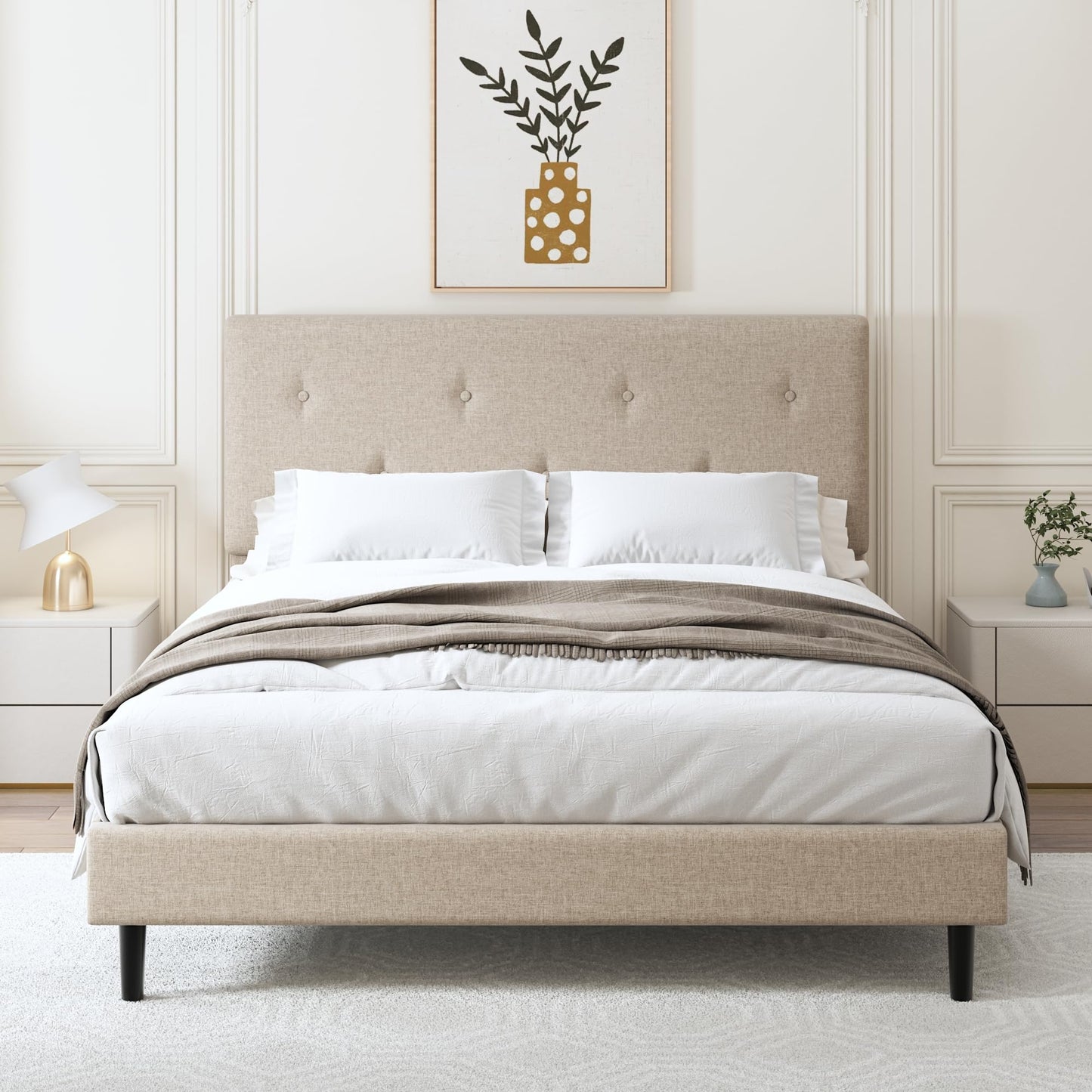 Mxhtcewz Full Size Linen Bed Frame, Upholstered Platform Bed Frame with Adjustable Headboard, Wooden Slats Support, No Box Spring Needed, Easy Assembly, Beige