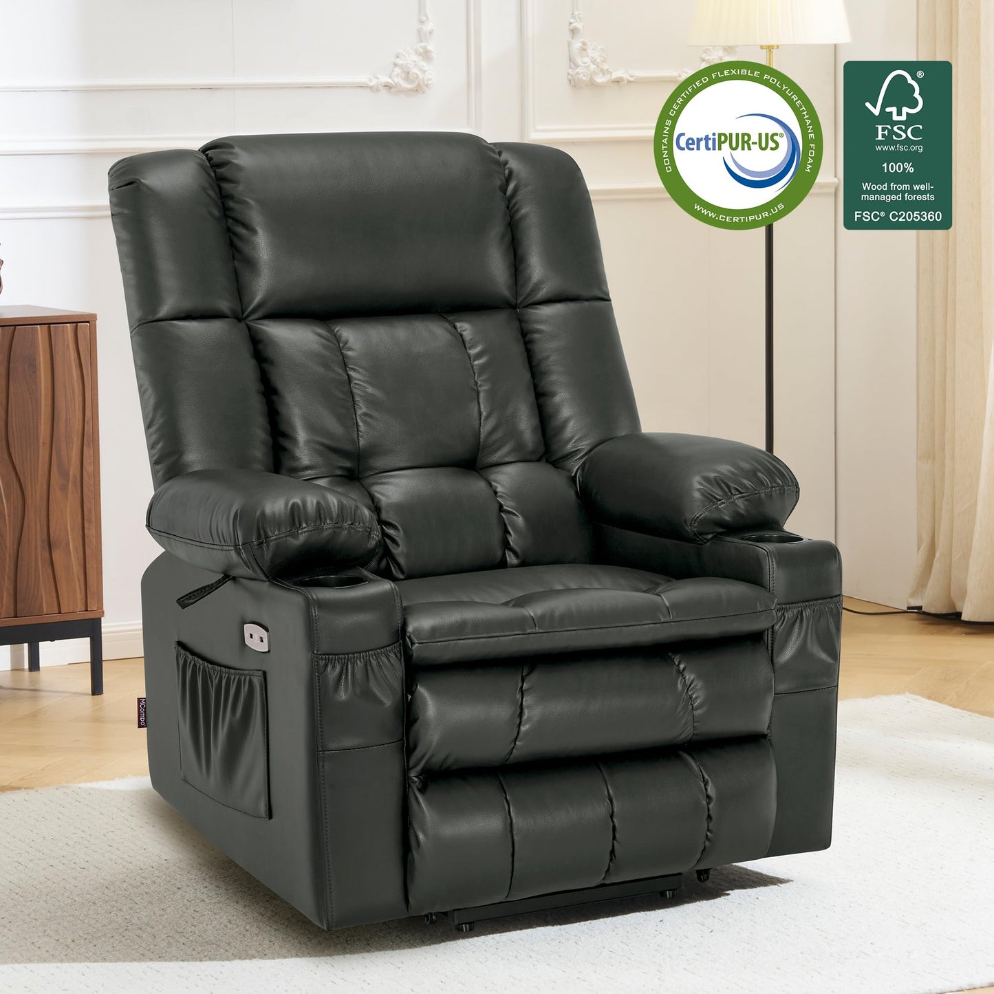 MCombo Dual Motor Power Lift Recliner Chair for Elderly, Lay Flat Lift Chair with Heat and Massage, Cup Holders, USB Ports, Faux Leather 7890 (Grey, Medium)