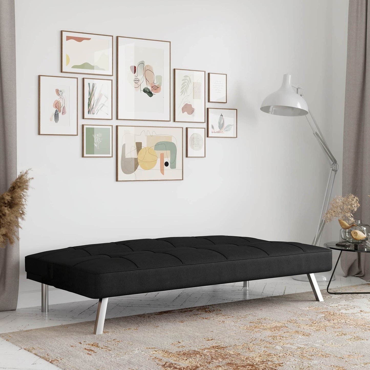 Serta® Rane Futon Sofa Bed 66.1", 3-in-1 Convertible Couch Sleeper for Small Spaces, Tufted Back, Twin Size Guest Bed, Black Woven Fabric
