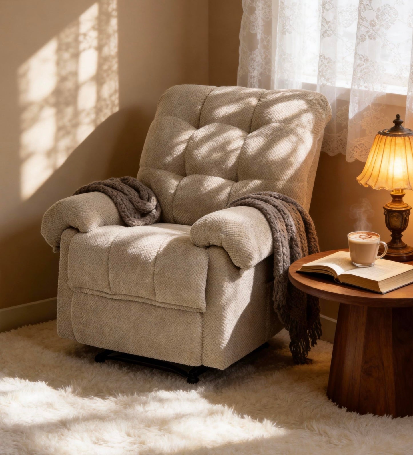 KEIKI Recliner Chair, Nursery Rocker Reclining Chair with Side Pocket, Upholstered Single Sofa for Living Room, Bedroom, Nursing, Reading, Camel