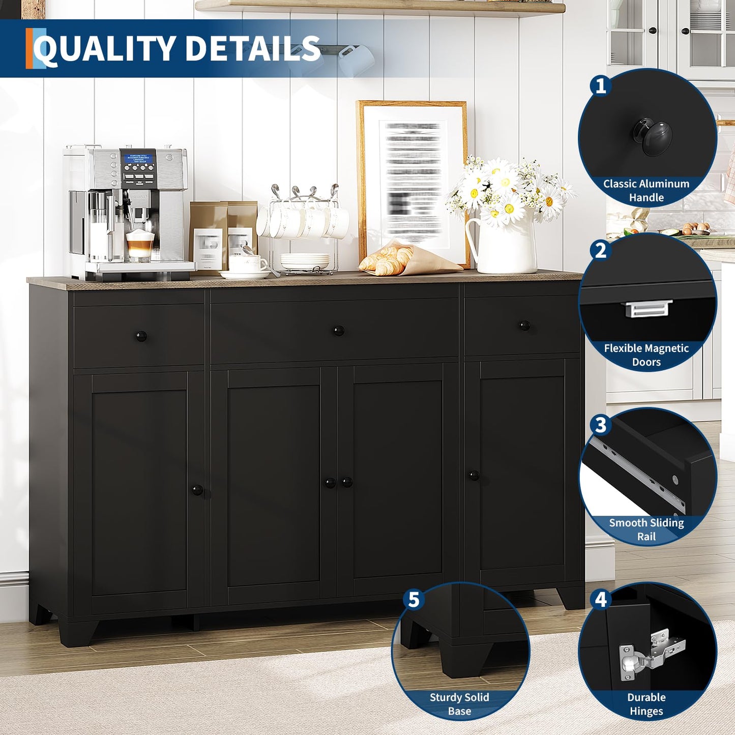 GAOMON 55" Large Sideboard Buffet Cabinet with 3 Drawers & Doors Farmhouse Kitchen Storage Cabinet Console Table Coffee Bar Buffet Table with Adjustable Shelf for Kitchen, Dining Room, Living Room