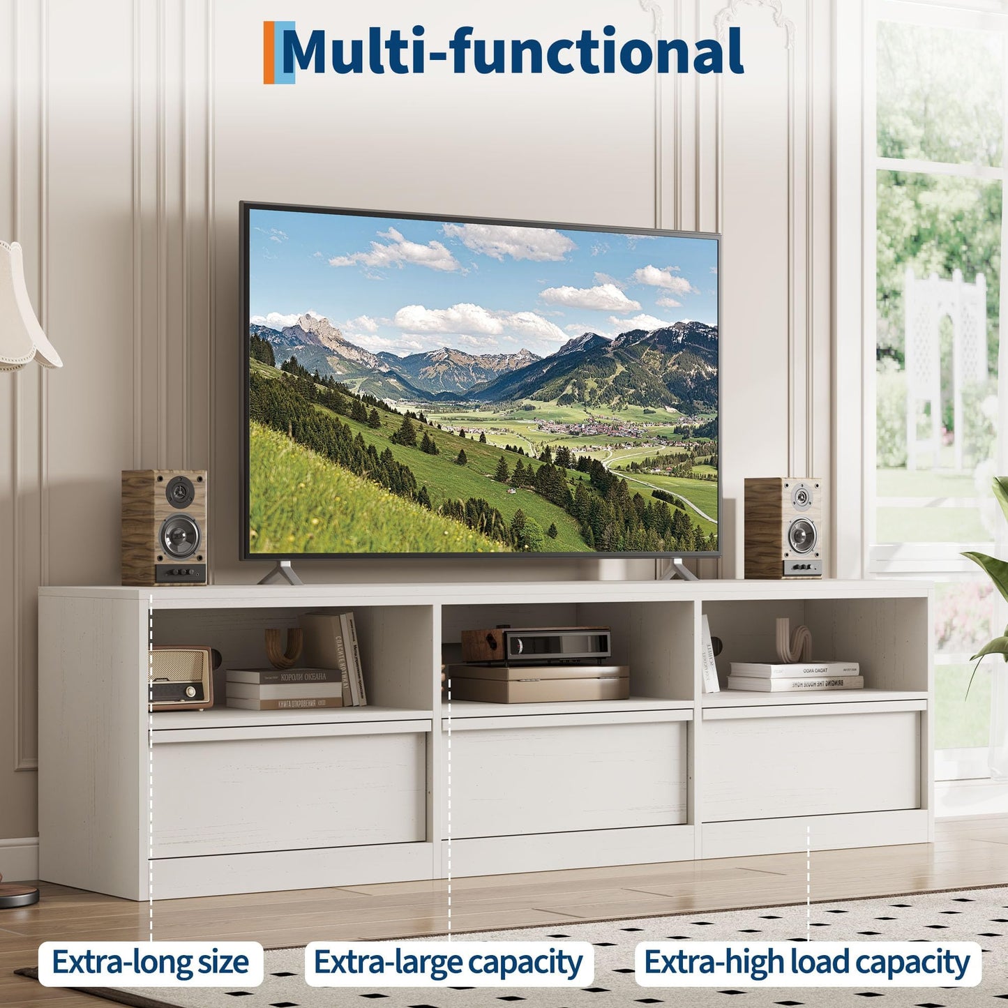 IDEALHOUSE 70" TV Stand for 75 80 Inch TV, Mid-Century Modern Entertainment Center with Storage Drawer & Open Shelves, Wood Media Console Table for Living Room & Bedroom, White