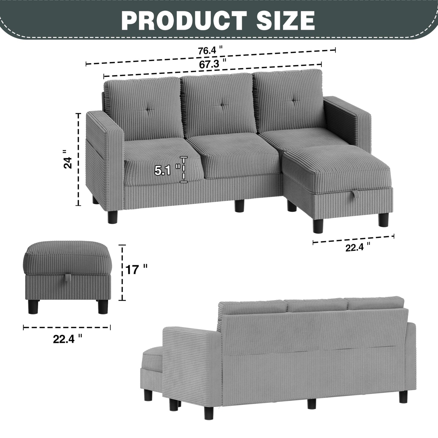 SUNLEI Convertible Sectional Sofa for Small Spaces, L Shaped Modular Sofa with Reversible Chaise & Ottoman Storage, 3 Seat Modern Small Couches for Living Room in Apartment, Linen Fabric, Greige