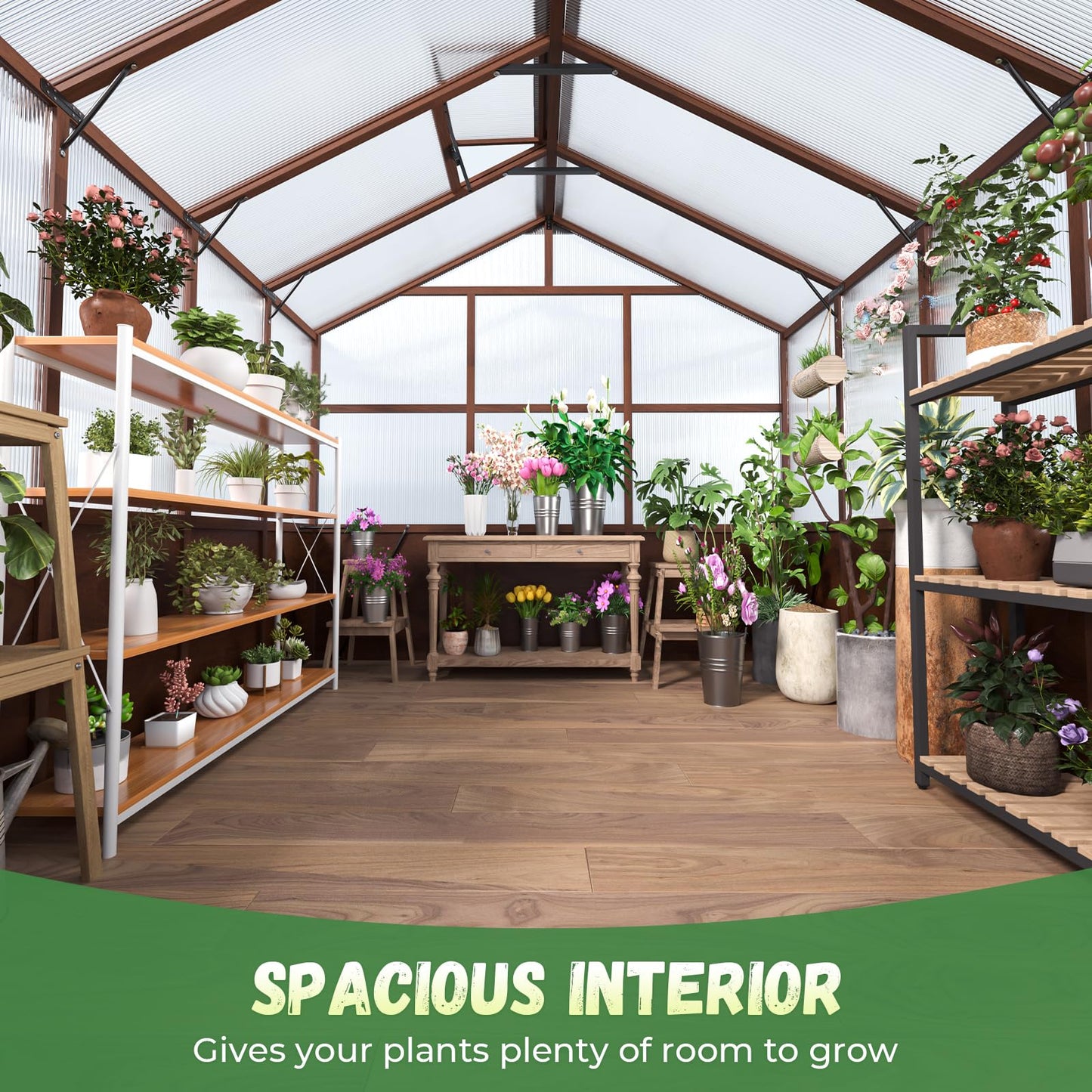 Jocoevol 8x10ft Outdoor Greenhouse, Wooden Frame Polycarbonate Greenhouse with Adjustable Roof Vents and Lockable Door Handle, Walk-in Greenhouse Perfect for Backyard and Garden