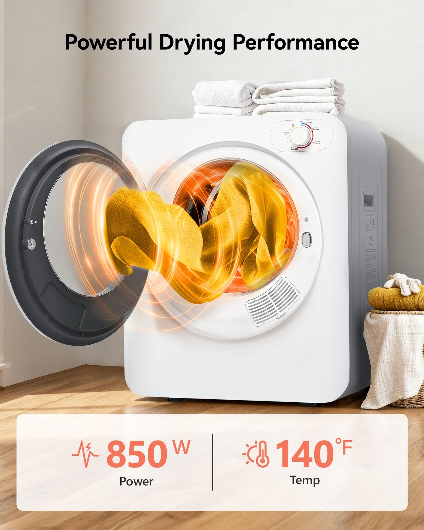 Euhomy Portable Clothes Dryer, 1.5 Cu.Ft. Portable Dryer, 850W Drying Machine with Front-Loading Stainless Steel Drum, 5 Functions, Suitable for Apartments, Dorms, RVs, Small Spaces