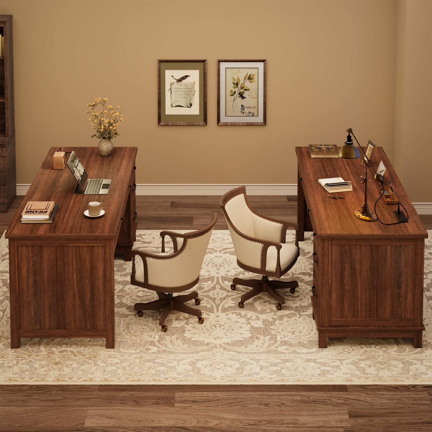 Garvee 53.5" Wooden Home Office Desk with File Drawers, Executive Desk with Power Outlet, Farmhouse Wood Desk with Storage, Distressed Study and Work Table, Rustic Brown