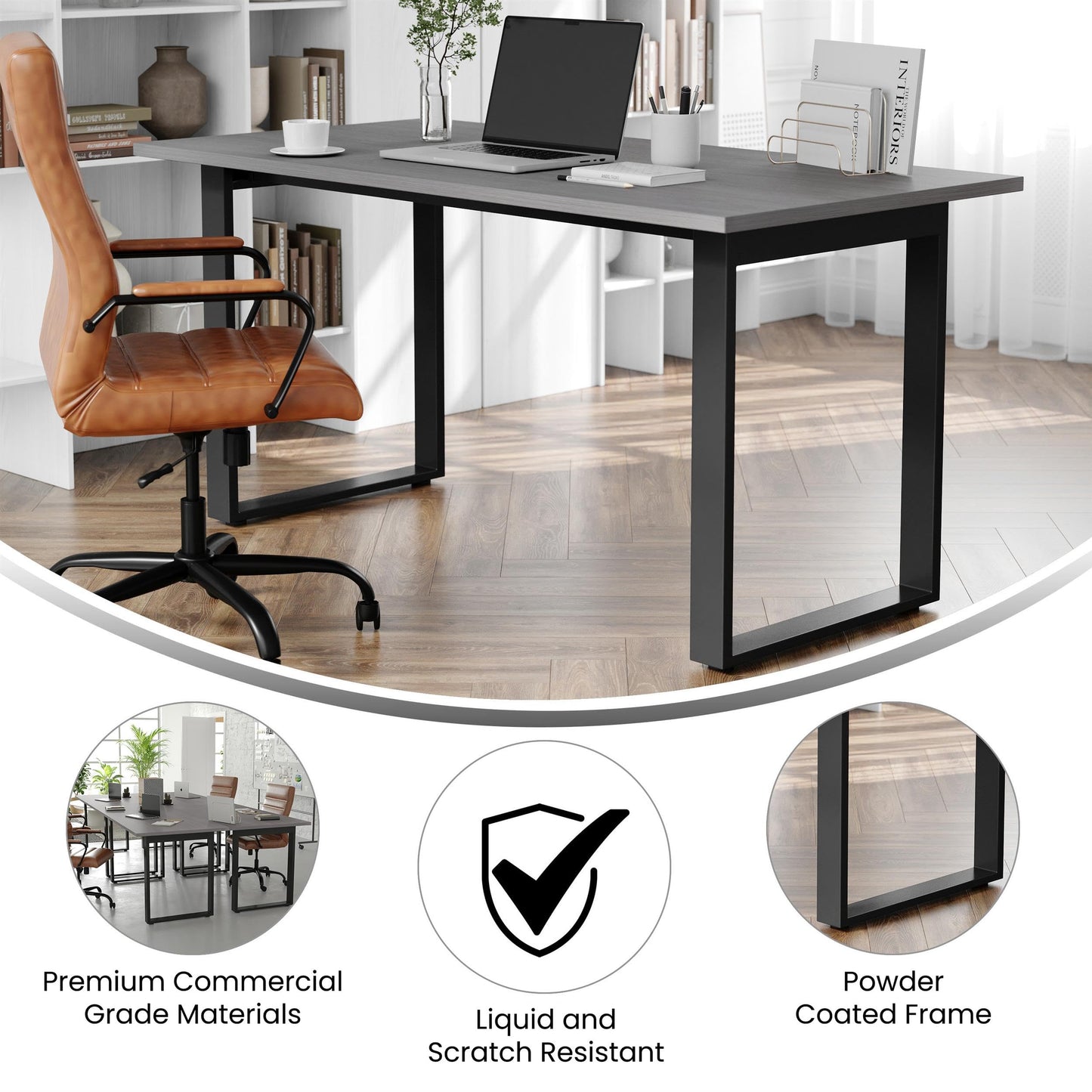 Flash Furniture Redmond Conference Table with U-Frame Base, Commercial Water and Scratch Resistant Laminate Finish, PVC Edge, Heavy Duty Steel Frame, 60x30, Gray Oak