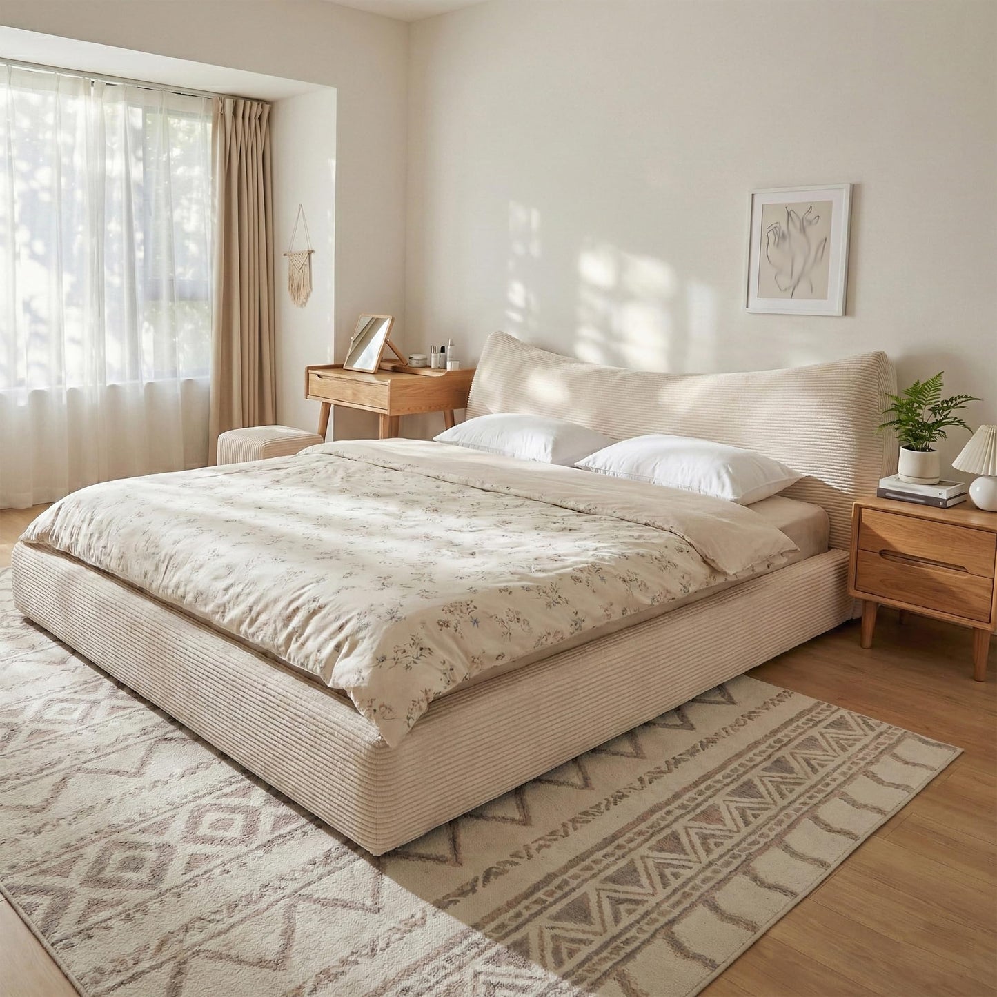 Homkdom Cloud Bed Frame with Headboard,Upholstered Soft King Size Bed Frame Rounded Corner Design,Boucle Bed Frame for Modern Bedrooms Apartments, Guest Rooms,Beige