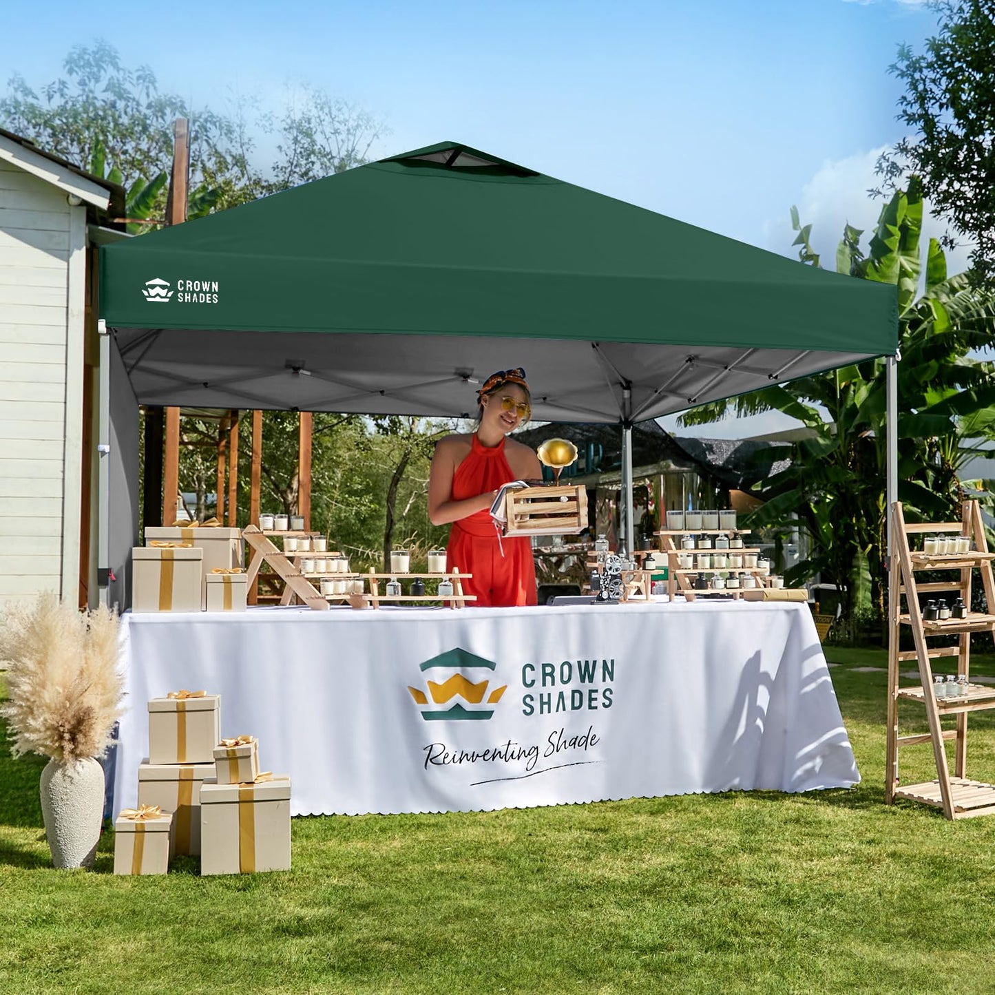 CROWN SHADES 10x10 Pop Up Canopy with 1 Side Wall - Beach Tent with One Push Setup - Outdoor Sun Shade for Events, Parties, Camping - Gazebo with STO-N-Go Cover Bag (Forest Green)