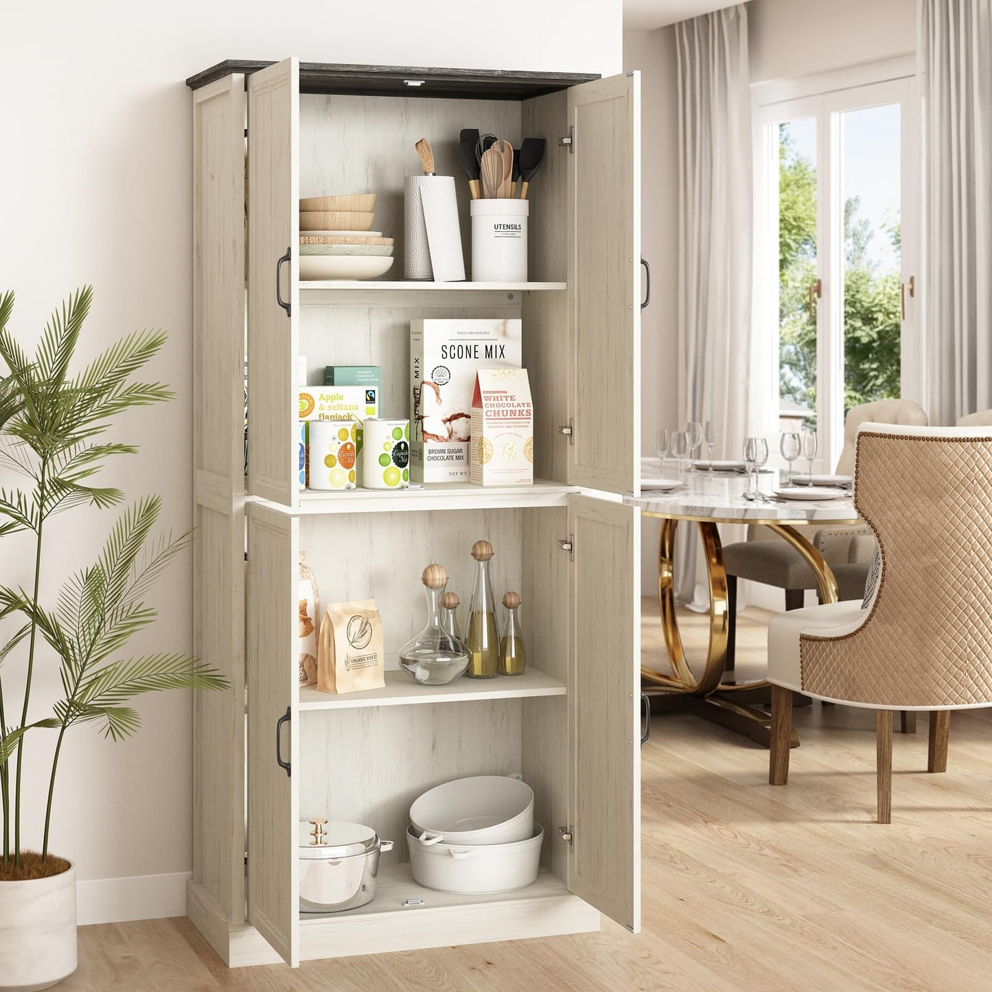 Tradare 71'' Tall Pantry Cabinet, Farmhouse Kitchen Pantry Storage Cabinet with Barn Door and Adjustable Shelves, Rustic White Wood Freestanding Cupboard for Kitchen, Dining Room