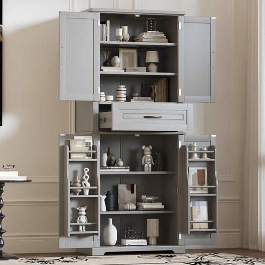 Merax 72" Tall Kitchen Pantry Storage Cabinet, Farmhouse Freestanding Large Cupboard with One Drawer, Bathroom Cabinet with Adjustable Shelves, 6 Door-Shelf for Dining Room, Gray