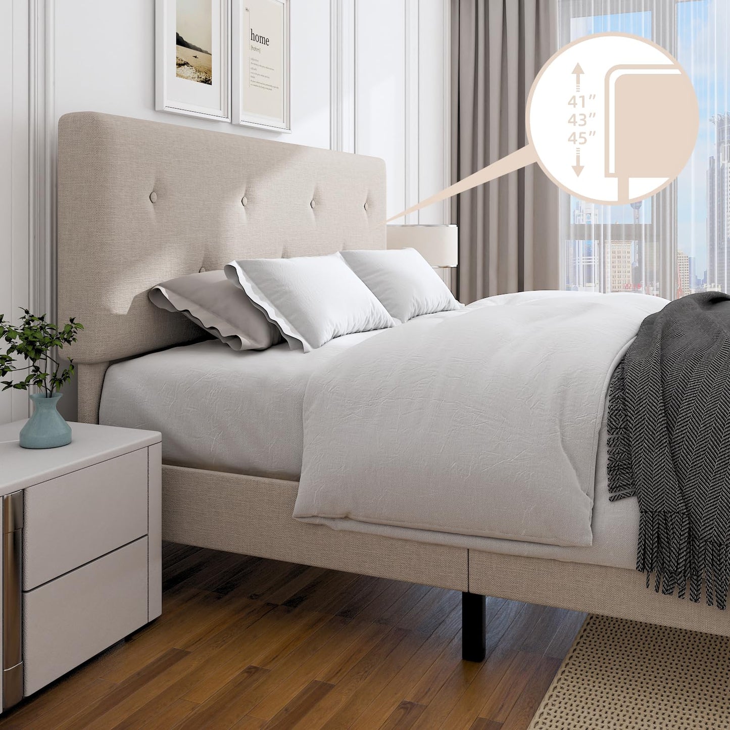 Mxhtcewz Full Size Linen Bed Frame, Upholstered Platform Bed Frame with Adjustable Headboard, Wooden Slats Support, No Box Spring Needed, Easy Assembly, Beige
