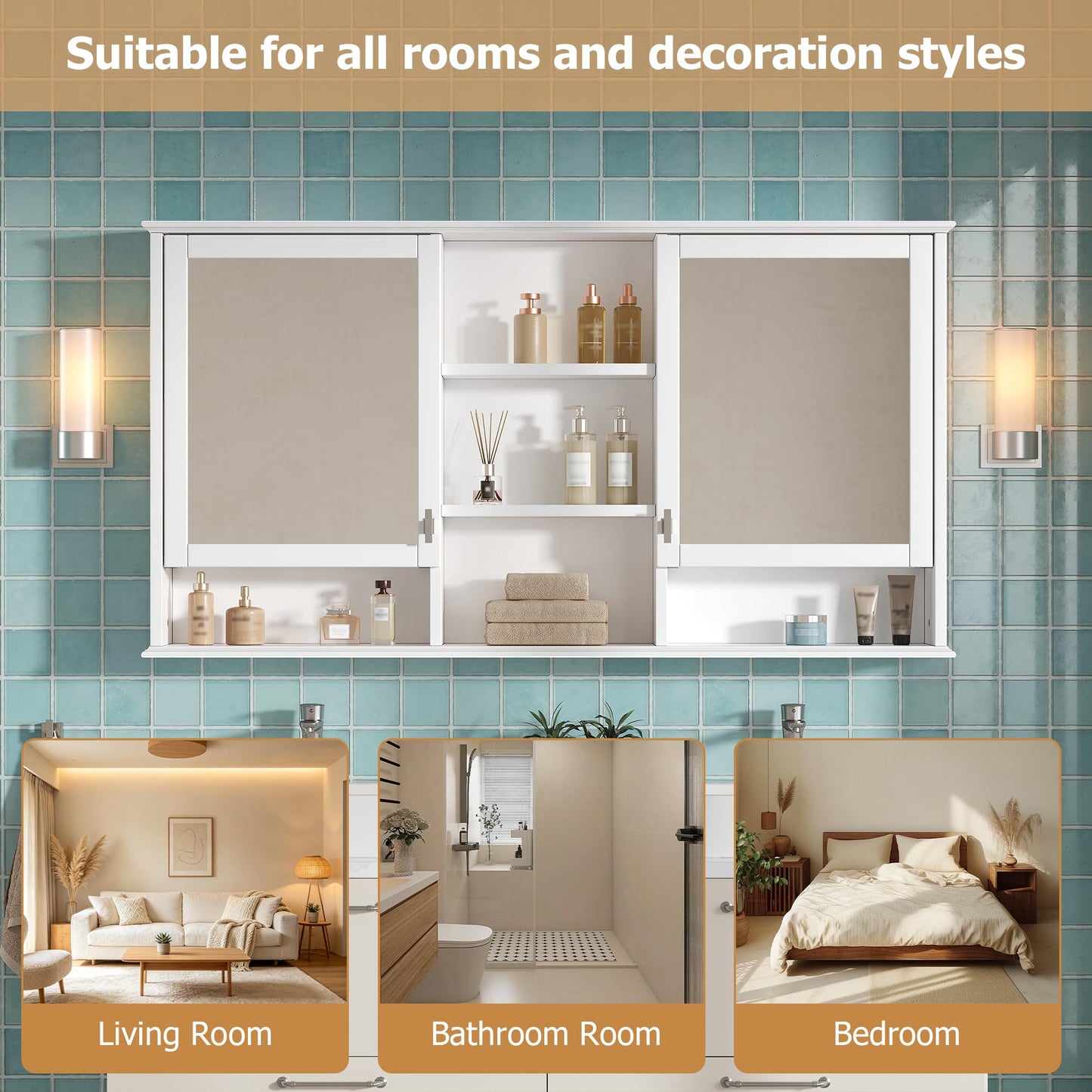 Marzzi 55"x28" Bathroom Medicine Cabinet with Mirror, Wall Mounted Bathroom Storage Organizer with 5 Open Shelves & Adjustable Interior for Master Bath & Power Room, Painted Finish