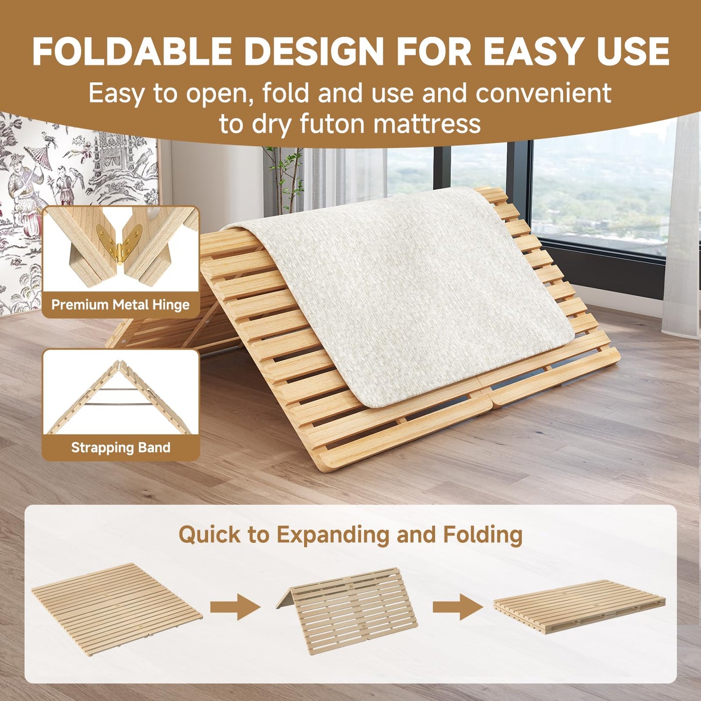 LILYPELLE Floor Bed Frame, Breathable Moisture-Proof Bed Plate, Foldable Tatami Bed Frame, Solid Wood Slatted Floor Bed Frame, Japanese Floor Bed for Floor Sleeping or Futon Mattress, King
