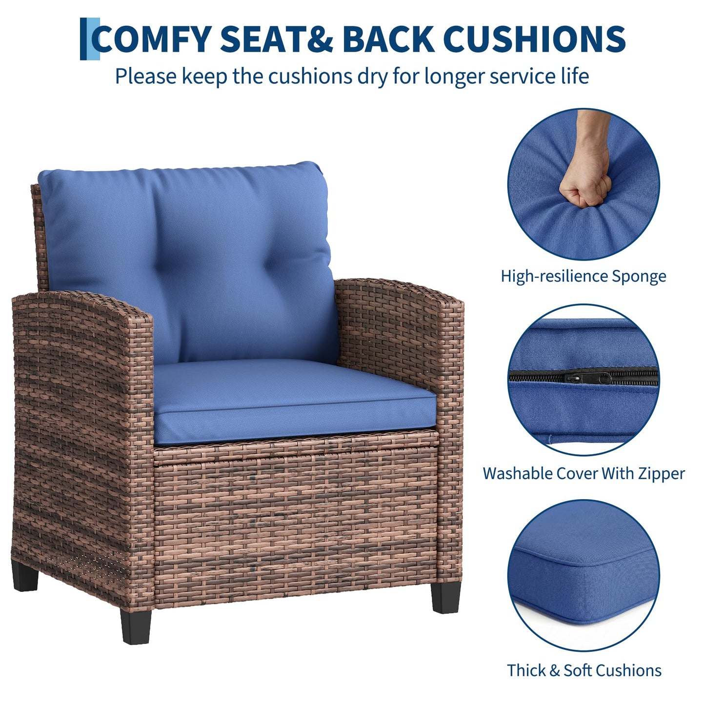 3-Piece Patio Furniture Set, PE Rattan Wicker Outdoor Sofa Set with Washable Cushions & Tempered Glass Tabletop, Conversation Set for Garden, Poolside, Balcony (Brown Wicker & Blue Cushions)