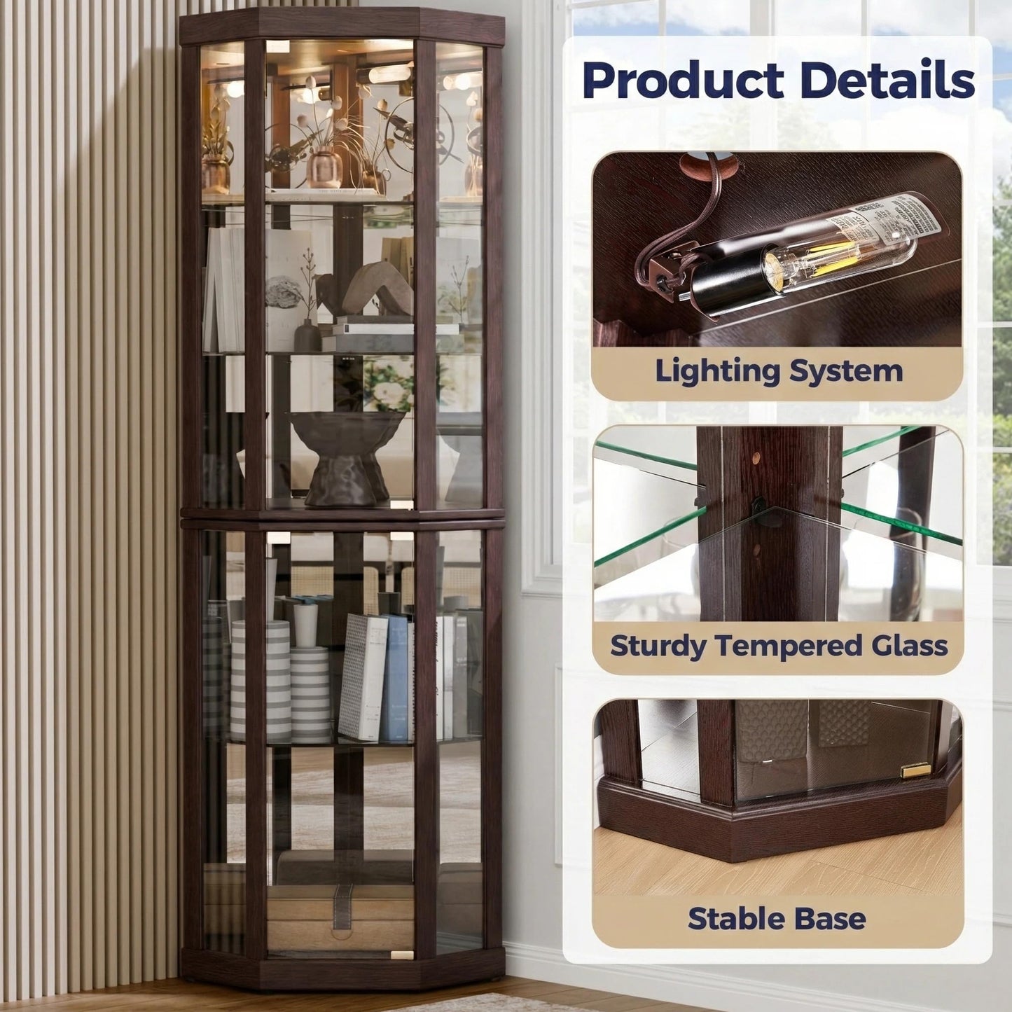 Topcomfy Corner Curio Cabinet, Lighted 3-Side Glass Display Curio Cabinet with Tempered Glass Doors & Adjustable Shelves, Wine Bar China Cabinet with Bulb for Living Room (Dark Cherry)