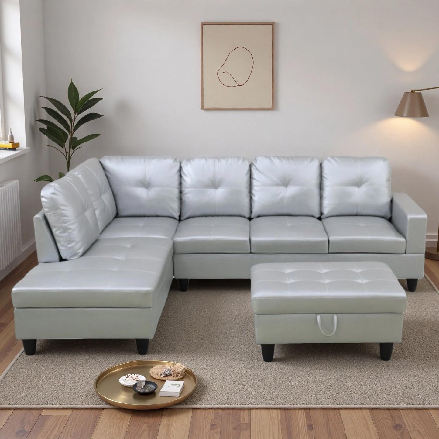 Trygoal 103.5" Sectional Couches for Living Room, Leather 4 Seat L Shaped Couch with Chaise, 3-Piece Modular Sofa with Storage Ottoman, Home Furniture Sets for Apartment Office, Silver