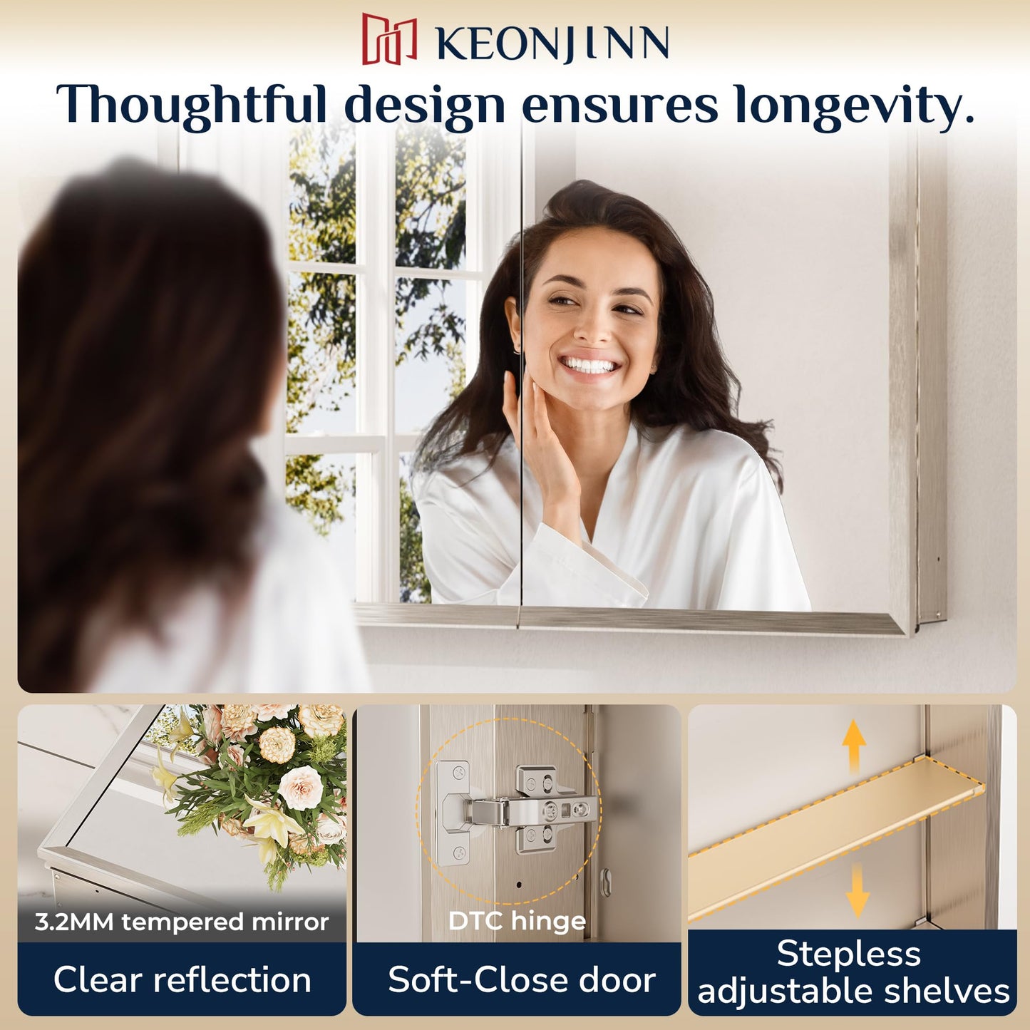 Keonjinn Medicine Cabinet Mirror 30" x 26", Brushed Nickel Bathroom Mirror with Storage, Assembly Needed