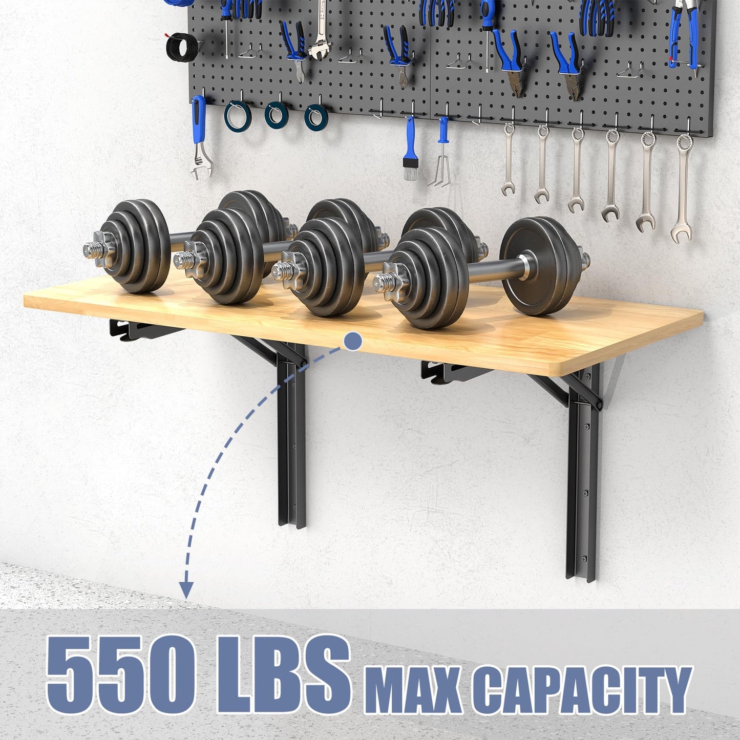 WALMANN Space Saving Wall Mounted Folding Workbench with Pegboard Kit, Heavy Duty Folding Wall Table/Desk for Garage, Workshop, Holds Up to 550 lbs(Tabletop Size: 47.25 x 22.75 in)