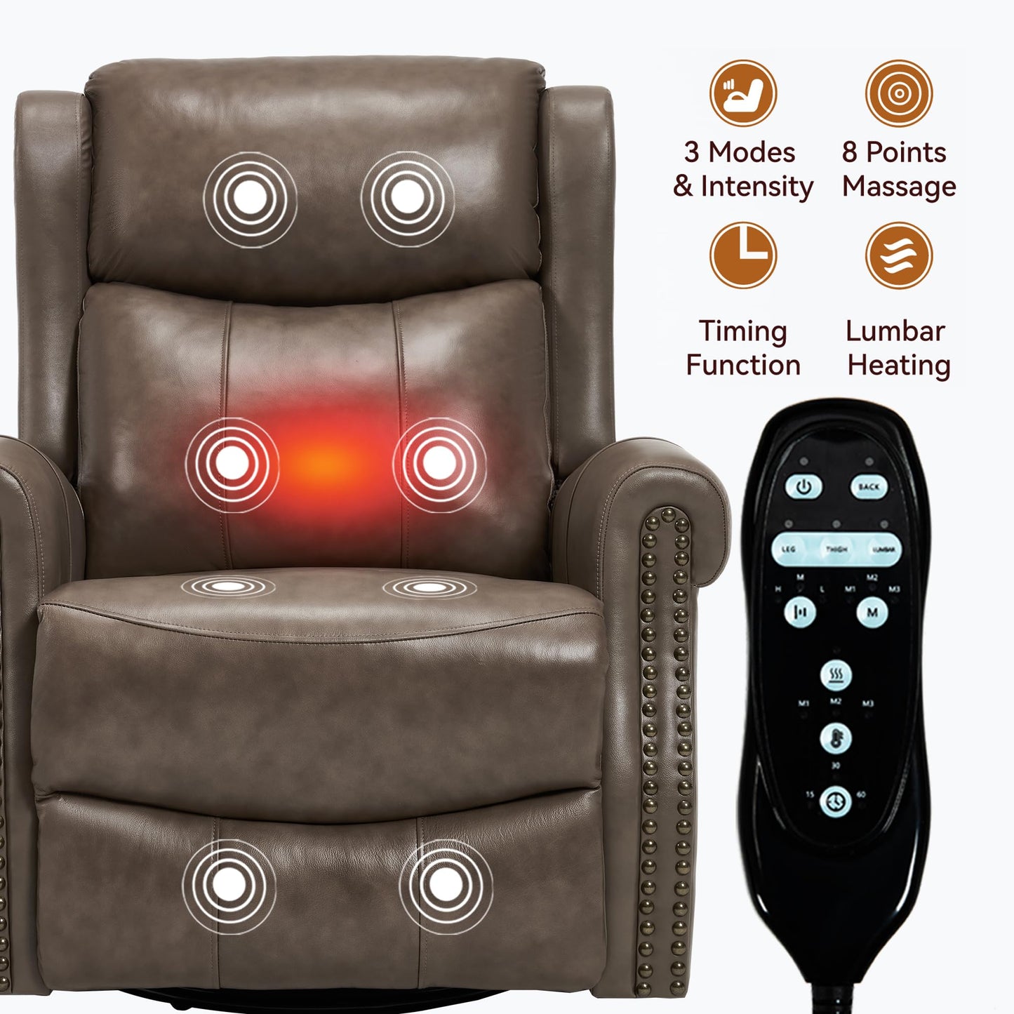 Heat Massage Manual Recliner Chair with Rocking and 360° Swivel Base, Genuine Leather Recliner Chair with Lumbar Heat, 8-Point Vibration Massage, 155° Reclining Living Room Chair for Adults, Grey