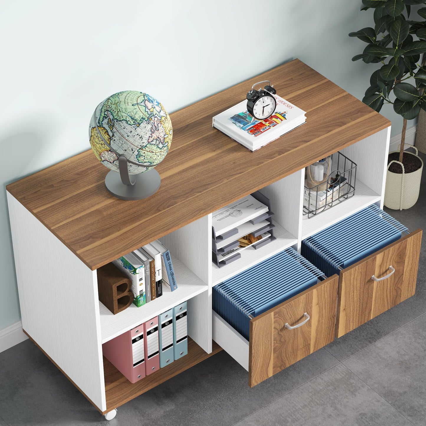 Tribesigns 63 inches Executive Desk and 47" lateral File Cabinet, L-Shaped Computer Desk Home Office Furniture Set with Drawers and Storage Shelves, Office Table with Cabinet (Walnut+White, 63)