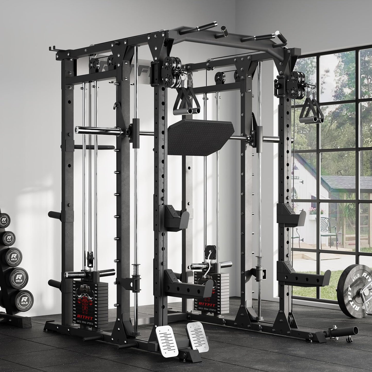 RitFit Buffalo Smith Machine Package, All-in-One Power Cage with Weight Stack , Power Rack with Cable Crossover & Leg Press Attachment for Home Gym(Black,BP260)
